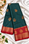 file_0000000010cc81faa0096f90ebc7fdf0 Bottle Green Soft Silk Saree with Contrast Red Zari Border