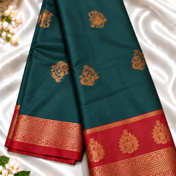 file_0000000010cc81faa0096f90ebc7fdf0 Bottle Green Soft Silk Saree with Contrast Red Zari Border
