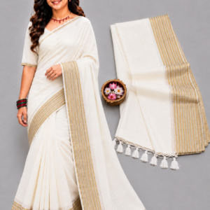 Off-White With Zari Striped Border Mul Cotton Saree