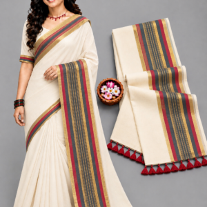 Off-White Multi-Stripe Border Mul Cotton Saree