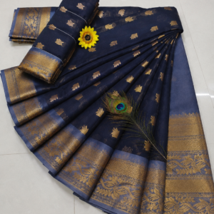 Navy Blue with Steel Blue Gold Zari Border Kotta Cotton Saree