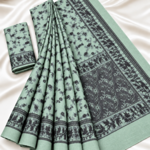 Sage Green Floral Jaal Print Cotton Saree with Contrast Pallu