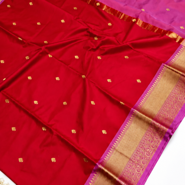 Traditional Crimson Red Banarasi Silk Saree with Zari Motifs and Golden Border