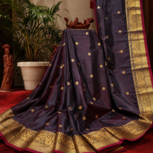 Trending Coffee Brown Banarasi Silk Saree with Antique Gold Zari Border & Floral Buttas