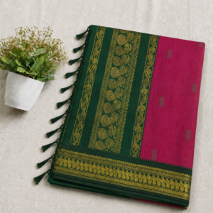 Kalyani Cotton Saree - Dark Green & Magenta Pink with Zari Border