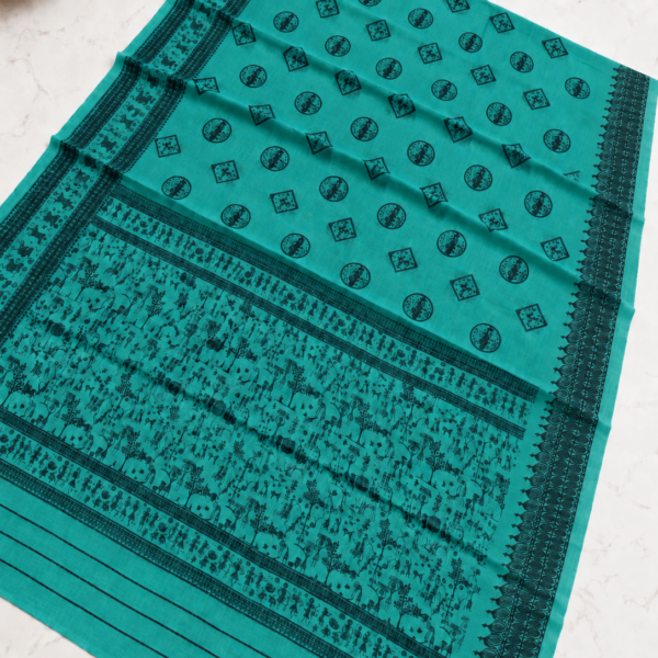 file_00000000254082309972d6af4917e187 Sea Green Warli Tribal Print Cotton Saree with Contrast Black Border