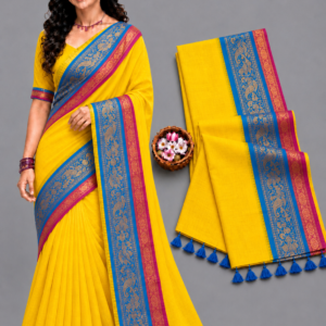 Vibrant Yellow With Blue & Pink Mul Cotton Saree