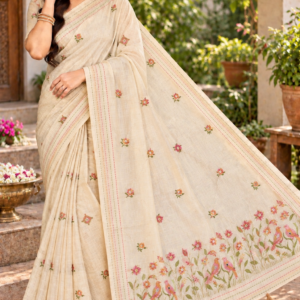Lightweight Tissue Cotton Saree with Floral & Bird Embroidery