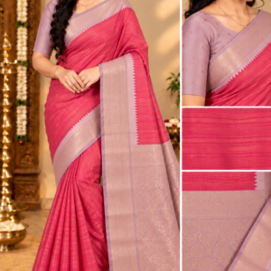 Premium Kottachi Soft Silk Saree - Pink & Lavender Zari Border