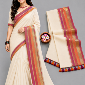 Elegant Off-White With Multi-Color Zari Border Mul Cotton Saree