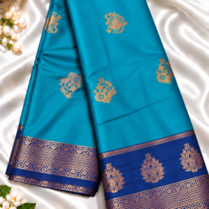 Peacock Blue Soft Silk Saree with Contrast Navy Blue Zari Border