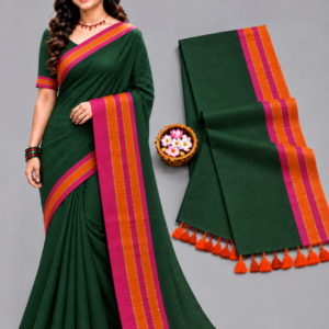 Bottle Green With Contrast Pink & Orange Border Mul Cotton Saree