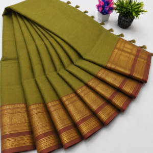 Kanchi Cotton Saree – Olive Green with Copper Gold Border