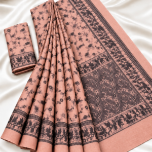 Dusty Pink Floral Jaal Print Cotton Saree with Contrast Charcoal Pallu