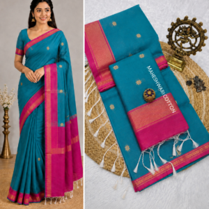 Teal Blue & Rani Pink Maheshwari Cotton Saree With Zari Border