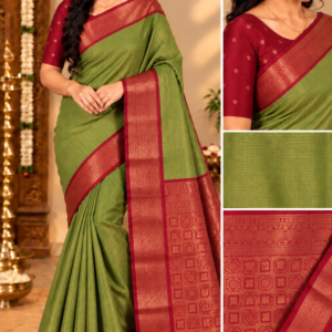 Premium Kottachi Soft Silk Saree - Green & Maroon Zari Border