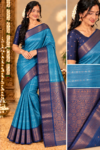 Premium Kottachi Soft Silk Saree - Peacock Blue with Navy Blue Zari Border