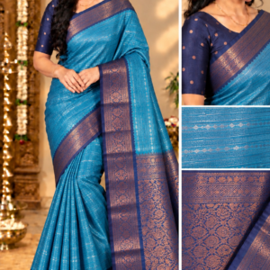 Premium Kottachi Soft Silk Saree - Peacock Blue with Navy Blue Zari Border