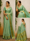 Trisha Mam Inspired Sea Green Banarasi Silk Saree with Gold Zari