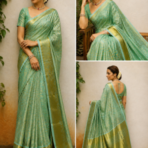 Trisha Mam Inspired Sea Green Banarasi Silk Saree with Gold Zari