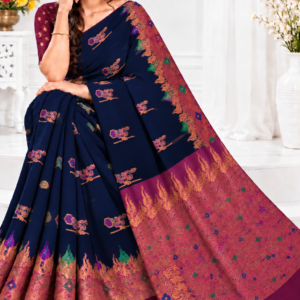 Party Wear Cotton Saree Dark Navy Blue & Purple with Zari Weaving