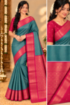 Premium Kottachi Soft Silk Saree in Teal Blue with Rich Contrast Pink Zari Border