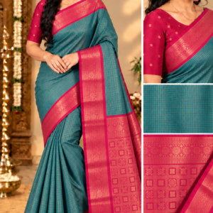 Premium Kottachi Soft Silk Saree in Teal Blue with Rich Contrast Pink Zari Border