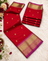 Traditional Crimson Red Banarasi Silk Saree with Zari Motifs and Golden Border
