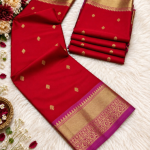 Traditional Crimson Red Banarasi Silk Saree with Zari Motifs and Golden Border