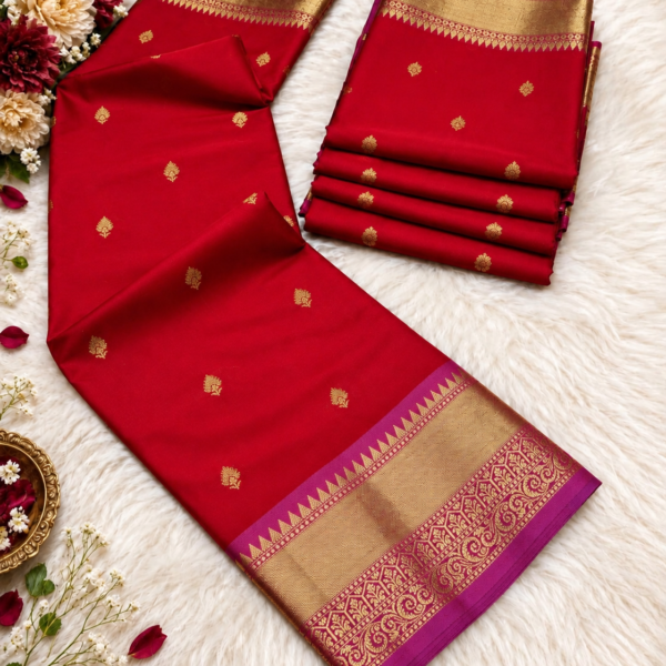 Traditional Crimson Red Banarasi Silk Saree with Zari Motifs and Golden Border