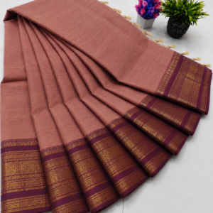 Kanchi Cotton Saree – Dusty Peach with Maroon Zari Border