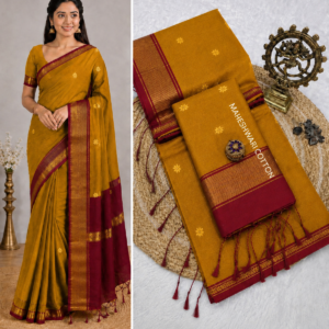 Mustard Yellow & Maroon Maheshwari Cotton Saree With Zari Border