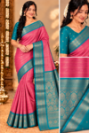 Premium Kottachi Soft Silk Saree Pink with Rich Contrast Teal Blue Zari Border