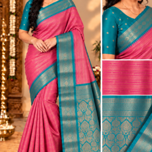 Premium Kottachi Soft Silk Saree Pink with Rich Contrast Teal Blue Zari Border