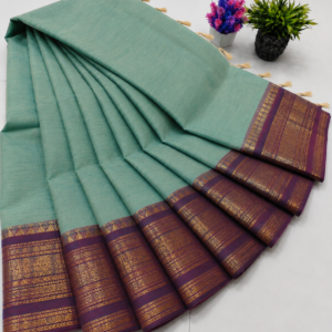 Kanchi Cotton Saree – Pastel Mint Green with Purple Zari Border