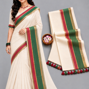 Elegant Off-White With Maroon & Forest Green Mul Cotton Saree