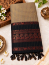 Checked Kalyani Cotton Saree - Olive Brown & Black with Copper Zari Border