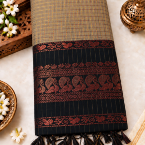 Checked Kalyani Cotton Saree - Olive Brown & Black with Copper Zari Border