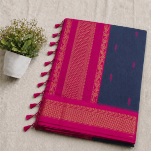 Kalyani Cotton Saree – Navy Blue & Rani Pink with Zari Border