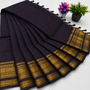 Kanchi Cotton Saree – Blackish Navy with Gold Border