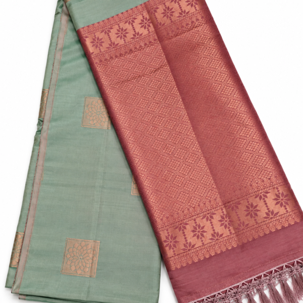file_0000000044ac81fab224cf46901c0ce5 Kotanji Soft Silk Saree - Greyish Olive Green & Contrast Maroon Pallu