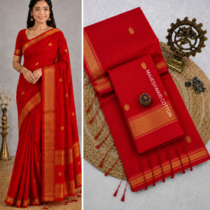 Red Maheshwari Cotton Saree With Zari Border