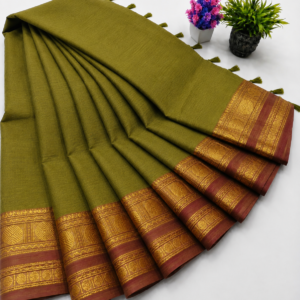 Kanchi Cotton Saree – Mustard Olive with Copper Zari Border