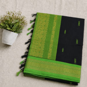 Kalyani Cotton Saree – Elegant Black with Bright Parrot Green Border & Pallu