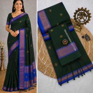Bottle Green & Blue Maheshwari Cotton Saree With Zari Border