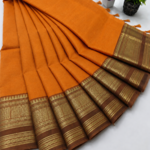Kanchi Cotton Saree – Orange with Brown Gold Border