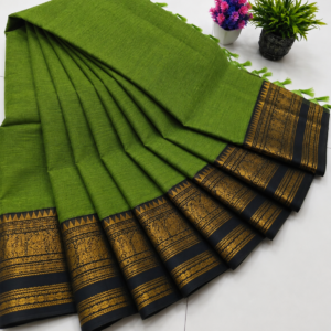 Kanchi Cotton Saree – Leaf Green with Black Zari Border