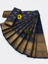 Deep Navy Blue with Antique Gold Zari Border Kotta Cotton Saree