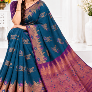 Party Wear Cotton Saree Royal Blue & Purple with Zari Weaving
