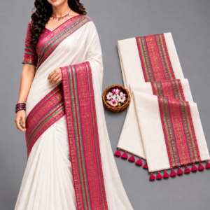 Elegant Off-White With Magenta & Gree Border Mul Cotton Saree